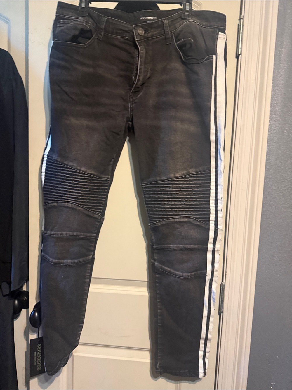 Mens Black Moto Biker Jeans with White Side Stripe fashion nova